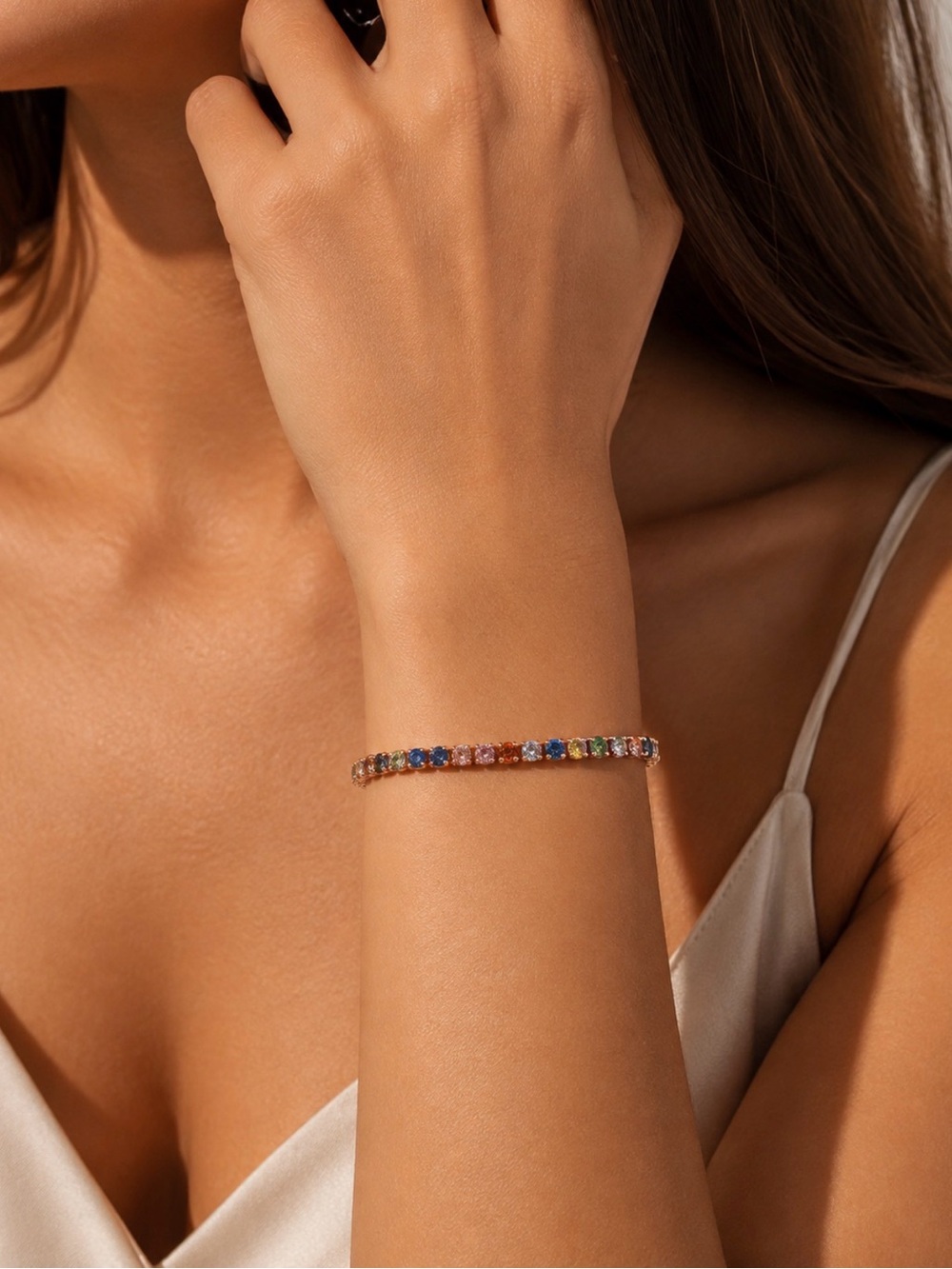 NEW!! 18k Gold Plated Rainbow Round Gemstone Tennis Bracelet in Rose Gold